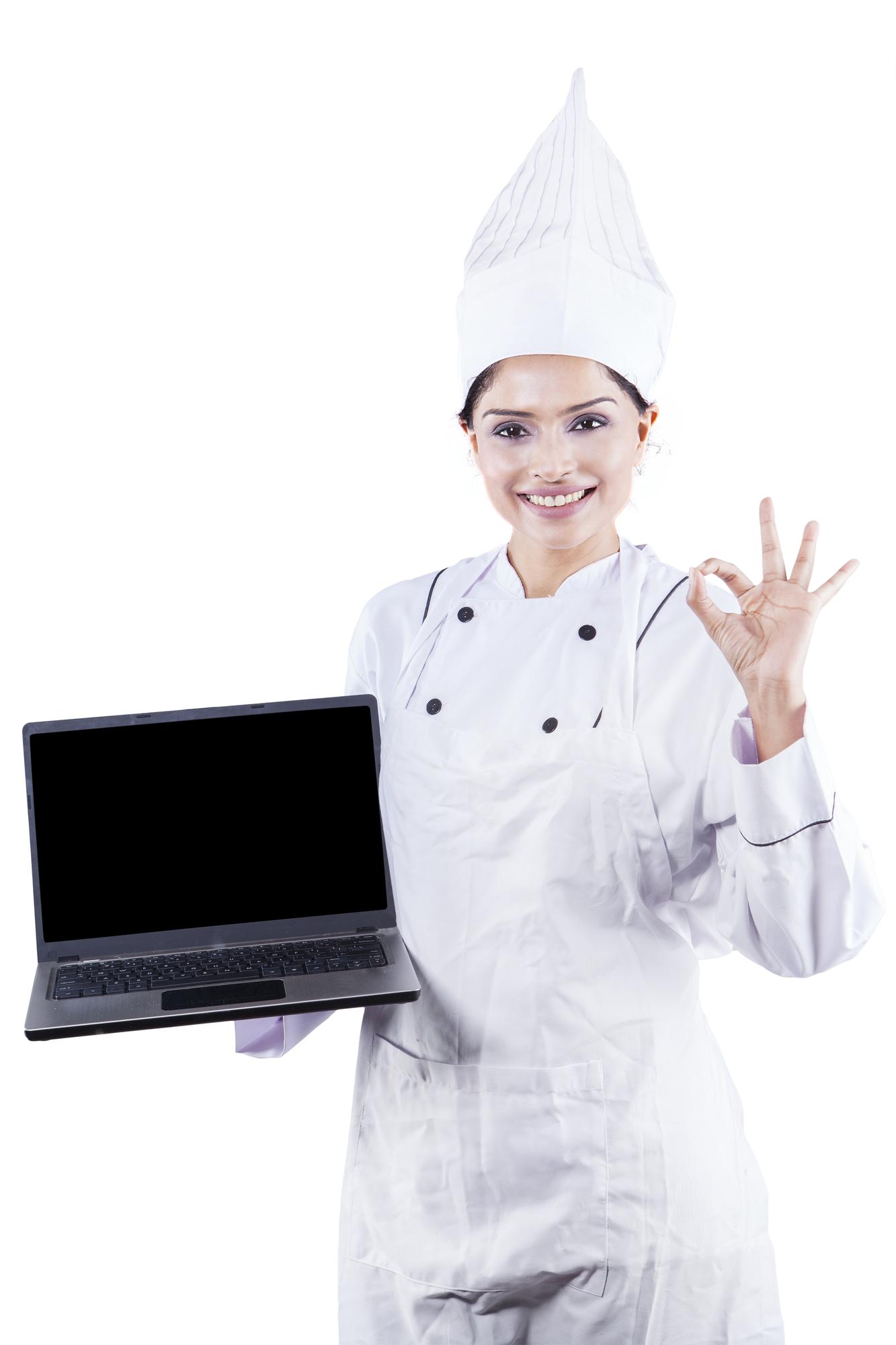Chef teaching an online cooking class on laptop